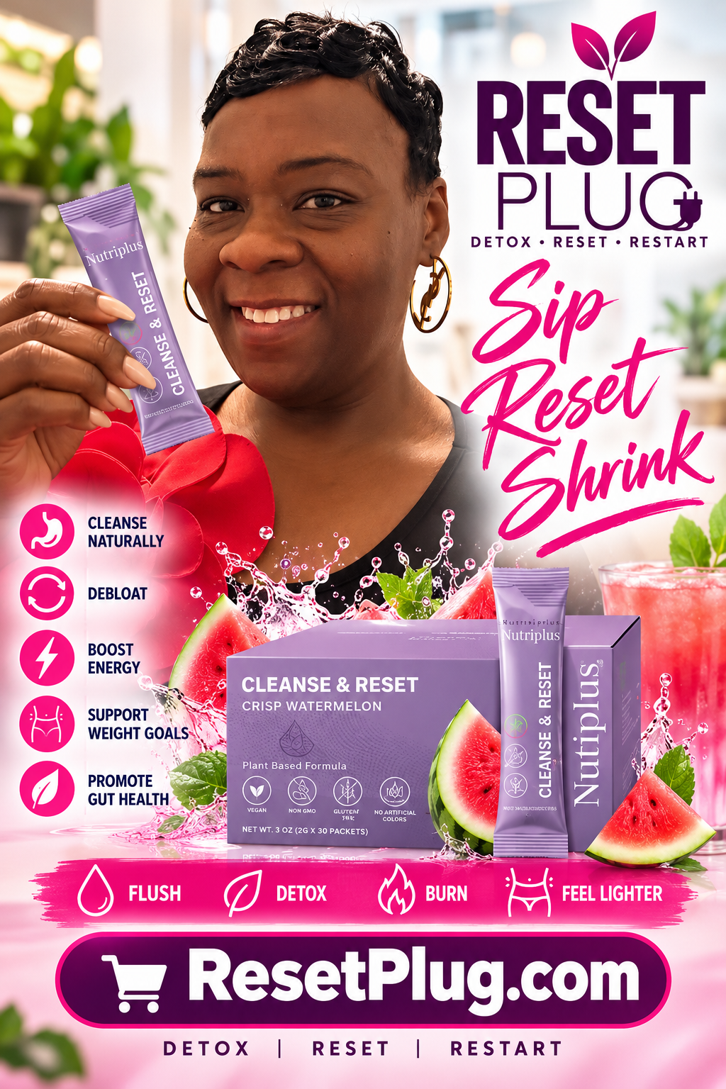 Lucy holding Farmasi Cleanse & Reset, with her Reset Plug campaign